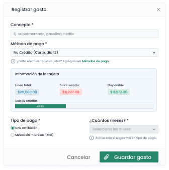 Registro de gasto con meses sin intereses en Numora21