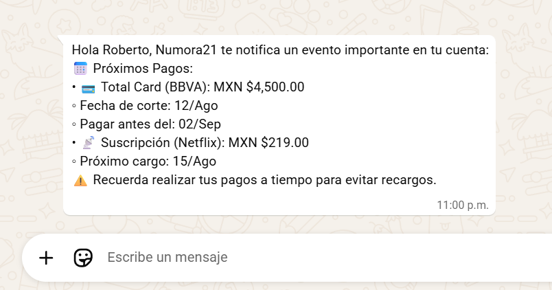 Configuración de notificaciones WhatsApp en Numora21